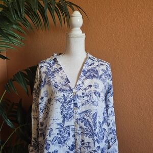 NWT Joie Linen Button Down Top Blue White Print Large Floral Washable